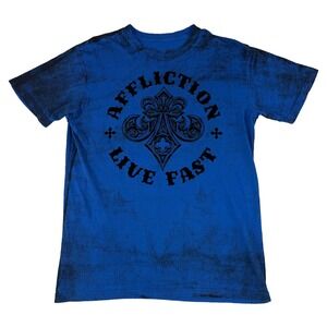 Affliction Short Sleeve Shirt Men's Large Blue Black Lettering Live Fast